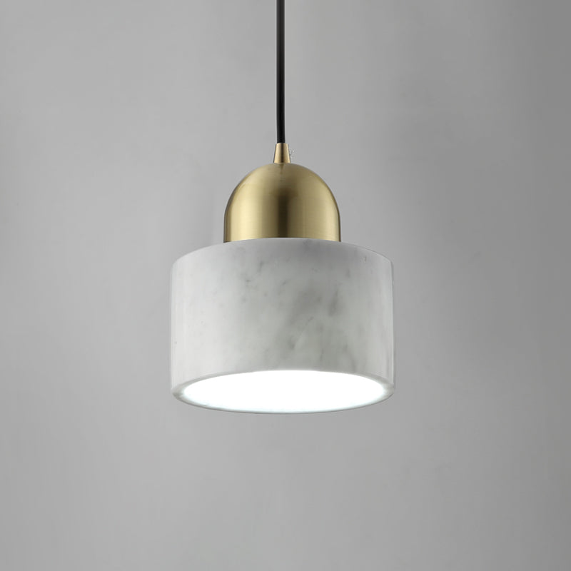 Minimalist White Pendant Bedside Lamp With Drum Marble Shade And Gold Dome Top - 1-Light