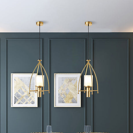 Mid Century Matte Glass Dual Shade Cylinder Pendant With Gold Cage Guard - 1-Light Hanging Light