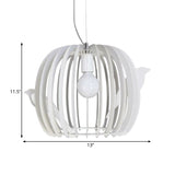 Modern White Drum Birdcage Pendant Lamp With Bird Décor - Iron Construction 1 Bulb Dinette Hanging