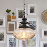 Vintage Clear Ribbed Glass Pendant Ceiling Light - Ovale/Drum Design 1 Head Black / A