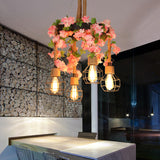 Retro Black Hemp Rope Chandelier With Flower Decoration - 4/8 Lights Orb Cage Pendant Ceiling
