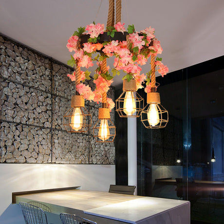 Retro Black Hemp Rope Chandelier With Flower Decoration - 4/8 Lights Orb Cage Pendant Ceiling