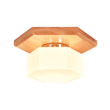 Nordic Cream Glass Hexagon Flush Ceiling Light With Wood Canopy - 1 Flushmount Lighting