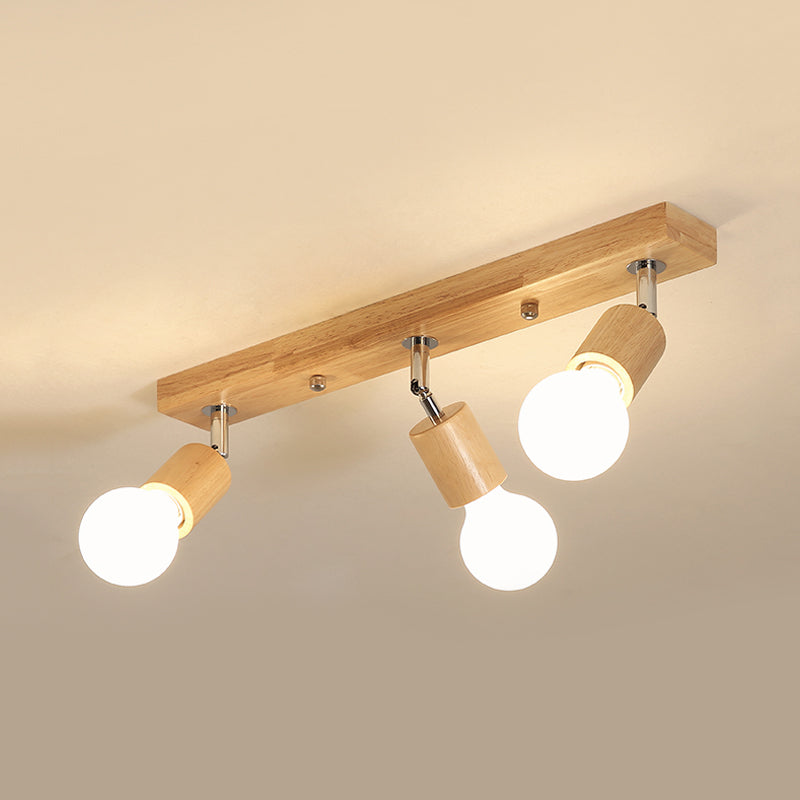 Asian Wood 3-Head Rotatable Flushmount Ceiling Lamp With Bare Bulb Design Modern & Elegant Bathroom