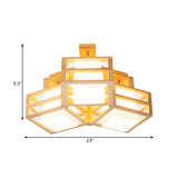 Modern Opaline Matte Glass Cube Ceiling Light With 3 Beige Heads & Wood Cage Guard