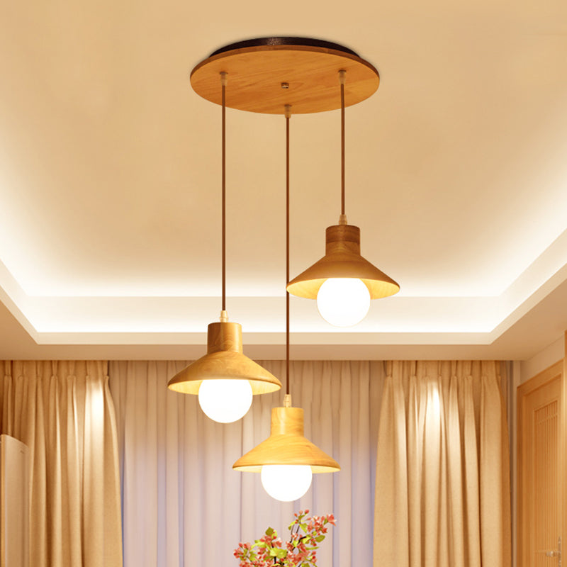 Nordic Flare Pendant Light - Beige Natural Wood Finish (3 Bulbs) Ideal For Dining Table