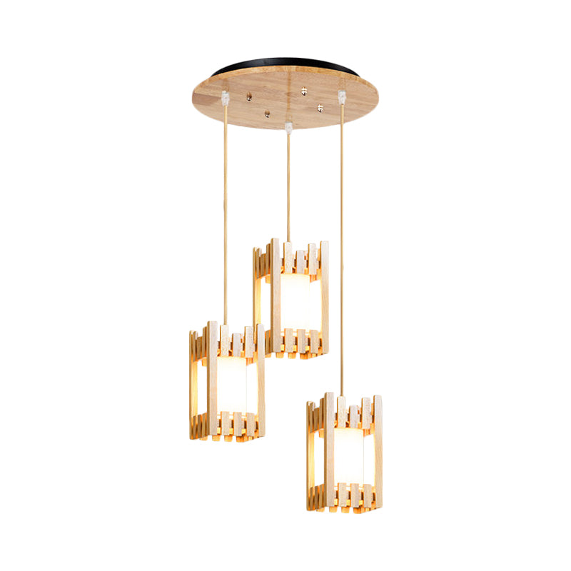 Wooden Asian Pendant Lamp With 3 Beige Fabric Shades