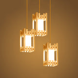 Wooden Asian Pendant Lamp With 3 Beige Fabric Shades