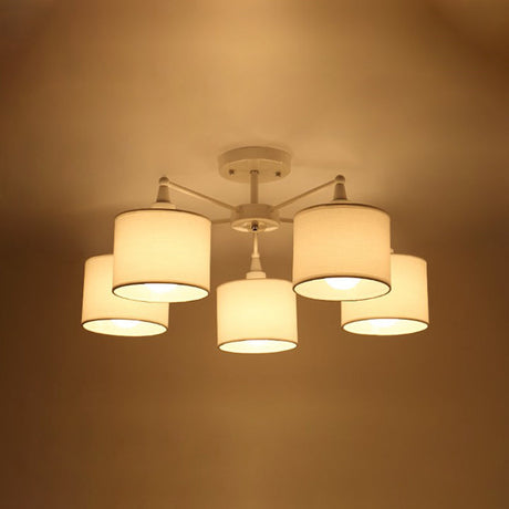 Nordic Fabric Semi Flush Mount Lamp In White - 5-Bulb Bedroom Ceiling Chandelier