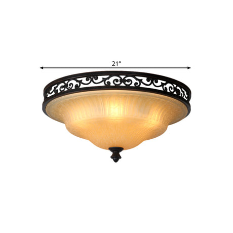 Fluted Glass Led Ceiling Light With Black Cover Lid Traditional Style For Dining Hall -