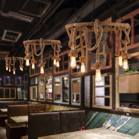Hemp Rope Pendant Chandelier With 6 Bare Bulb Lights For Rustic Ceiling Decor