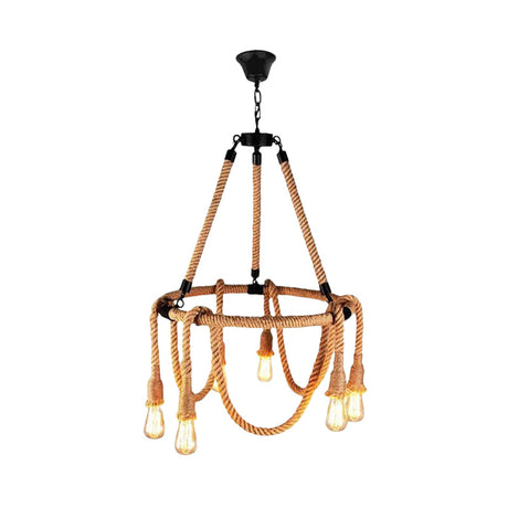 Hemp Rope Pendant Chandelier With 6 Bare Bulb Lights For Rustic Ceiling Decor