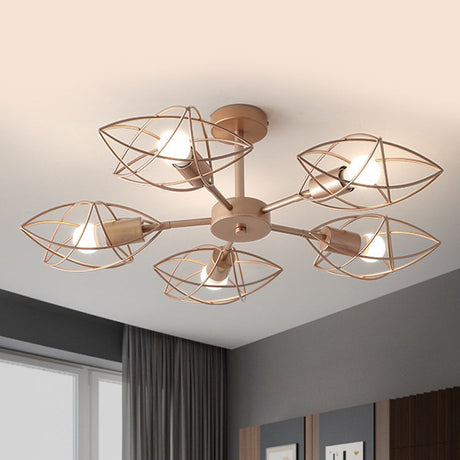 Colonial Iron Star Cage Gold Semi Flush Mount - 5-Light Close To Ceiling Lighting Fixture For