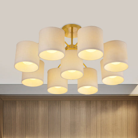 Colonial Fabric Cylinder Semi Mount Ceiling Light - Gold Finish 9 Lights Living Room Lighting