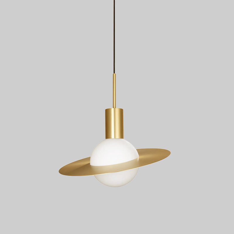 Gold Planetoid Pendant Light With Opaline Glass Shade - Postmodern Ceiling Fixture For Table