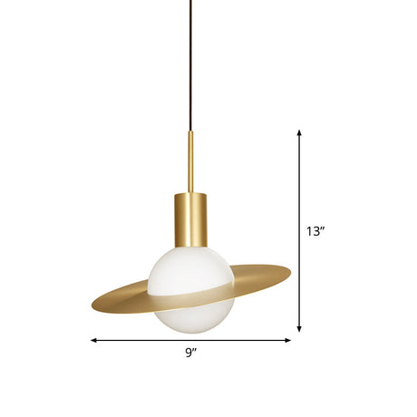 Gold Planetoid Pendant Light With Opaline Glass Shade - Postmodern Ceiling Fixture For Table