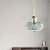 Mid Century Blue Glass Oval Hanging Light - Brass Accents Dining Room Pendant Lighting 1 Bulb Gold