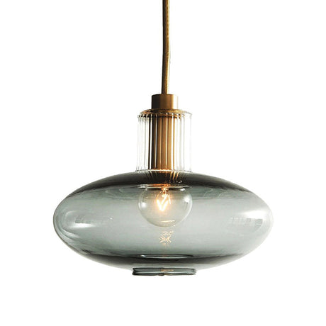 Mid Century Blue Glass Oval Hanging Light - Brass Accents Dining Room Pendant Lighting 1 Bulb