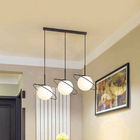 Opal Glass Planet Pendant: Postmodern Matte Black Multi-Light Hanging Lamp Kit For Dining Table 3