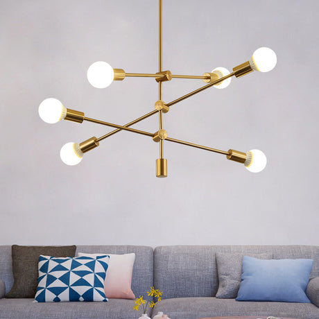 Gold Tiered 6-Light Iron Ceiling Mount With Semi-Flush Design & Open Bulbs