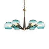 Retro Dome Shade Hanging Chandelier - White/Blue/Clear Glass 6 Light Lounge Pendant With Burst