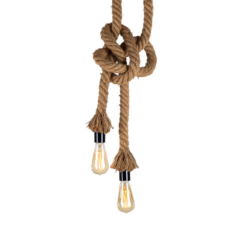 Vintage Style Rope Pendant Light With Open Bulbs - Brown 2 Heads Ideal For Bars