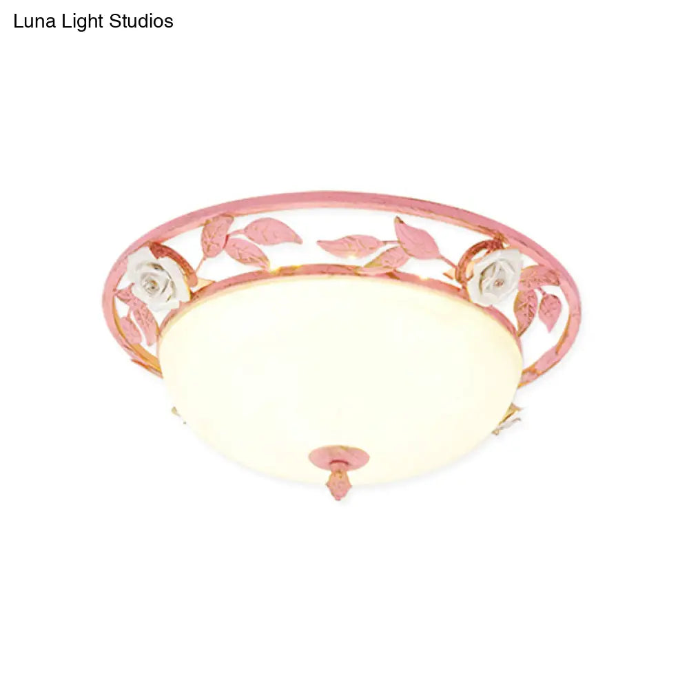 15’/19’ Korean Flower Metal Bowl Ceiling Light - 1 Head Flush Mount Fixture In Pink/Blue/Green