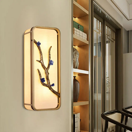 15/23 H Asian Fabric Gold Led Wall Lamp With Flower Branch Decoration / 23