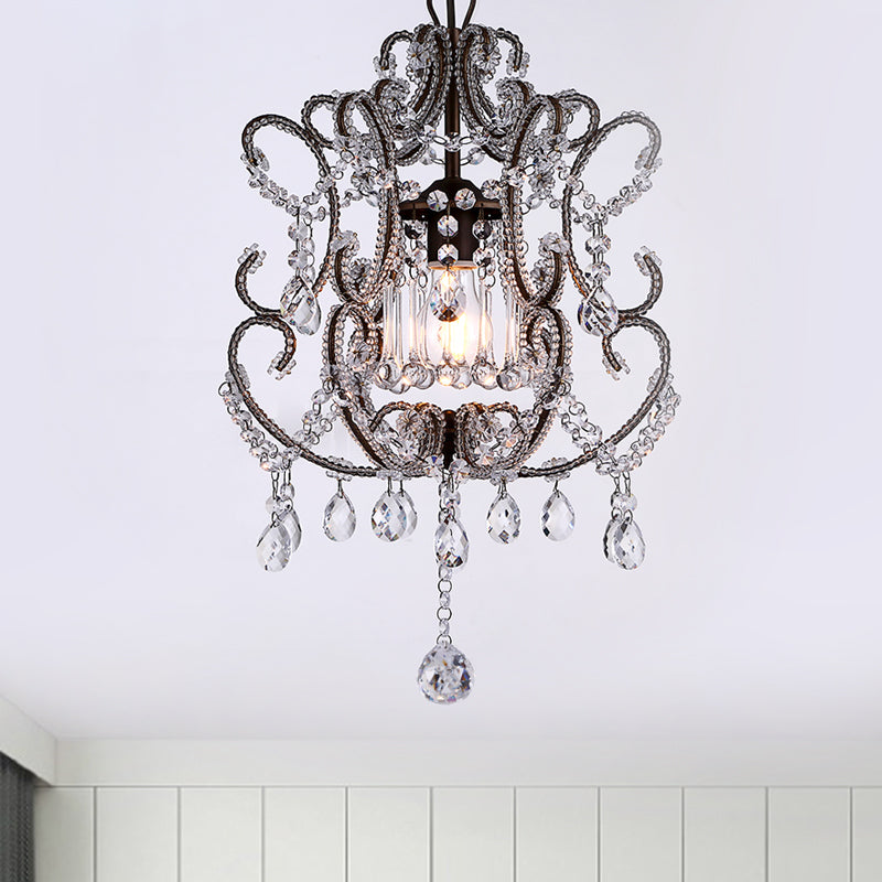 Crystal Suspension Light With Curvy Arm - Contemporary 1-Head Lantern Down Lighting In