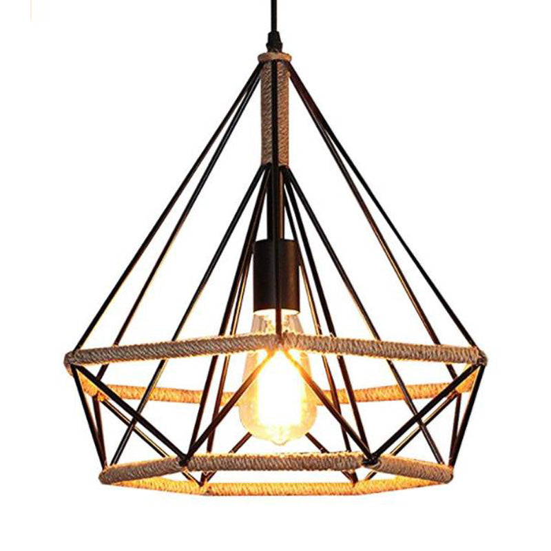 Vintage Metal And Rope 1-Light Black Diamond Pendant Ceiling Lamp With Cage For Coffee Shop