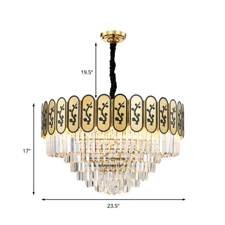 Modern Round Chandelier With Flower Pattern Crystal And Metal Hanging Light For Bedroom - Brass