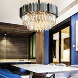 Tiered Vintage Stainless Steel Chandelier With Crystal Block - Silver Pendant Light For Living Room