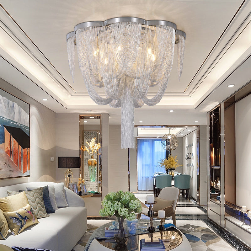 Contemporary Metal Chain Flush Mount Ceiling Light - Silver Finish (4 Lights)