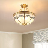 Retro Dome Ceiling Light With Milkglass & Leaf Pattern - Semi Flush Mount (3/4 Bulbs) Brass Finish