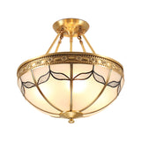 Retro Dome Ceiling Light With Milkglass & Leaf Pattern - Semi Flush Mount (3/4 Bulbs) Brass Finish