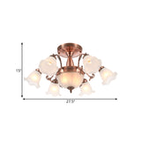 Rustic 8-Bulb Semi Mount Ceiling Lamp With Scroll Arm - Bronze/Brass/Copper Finish And Milky Glass