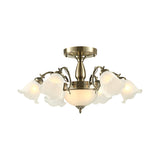 Rustic 8-Bulb Semi Mount Ceiling Lamp With Scroll Arm - Bronze/Brass/Copper Finish And Milky Glass