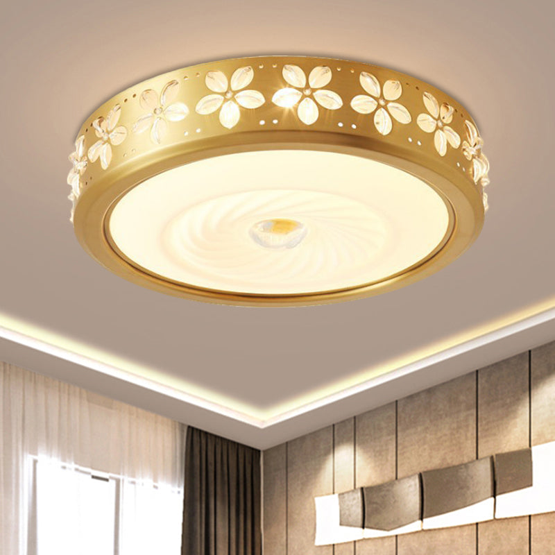 Rustic Drum Style Flush Light With Cream Glass & Led Ceiling Mounted Fixture Brass