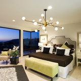 Contemporary Sputnik Metal Chandelier: Gold Brass Pendant Lamp With Molecular Milk Glass Shade