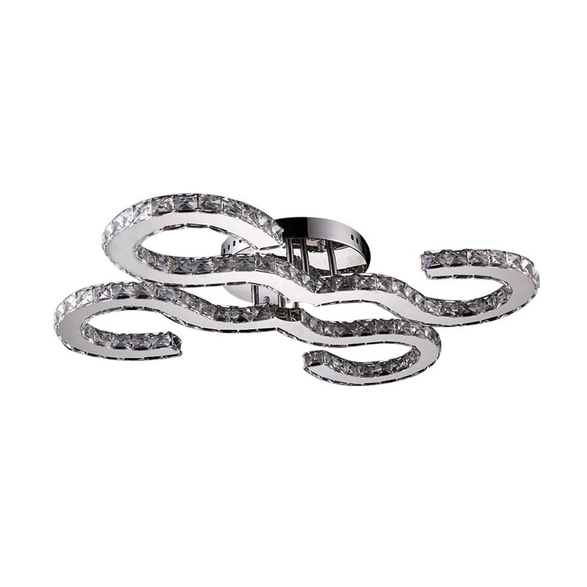 Modern Curved Ceiling Crystal And Metal Sconce Light In Chrome For Bedroom - Warm/White/3 Color