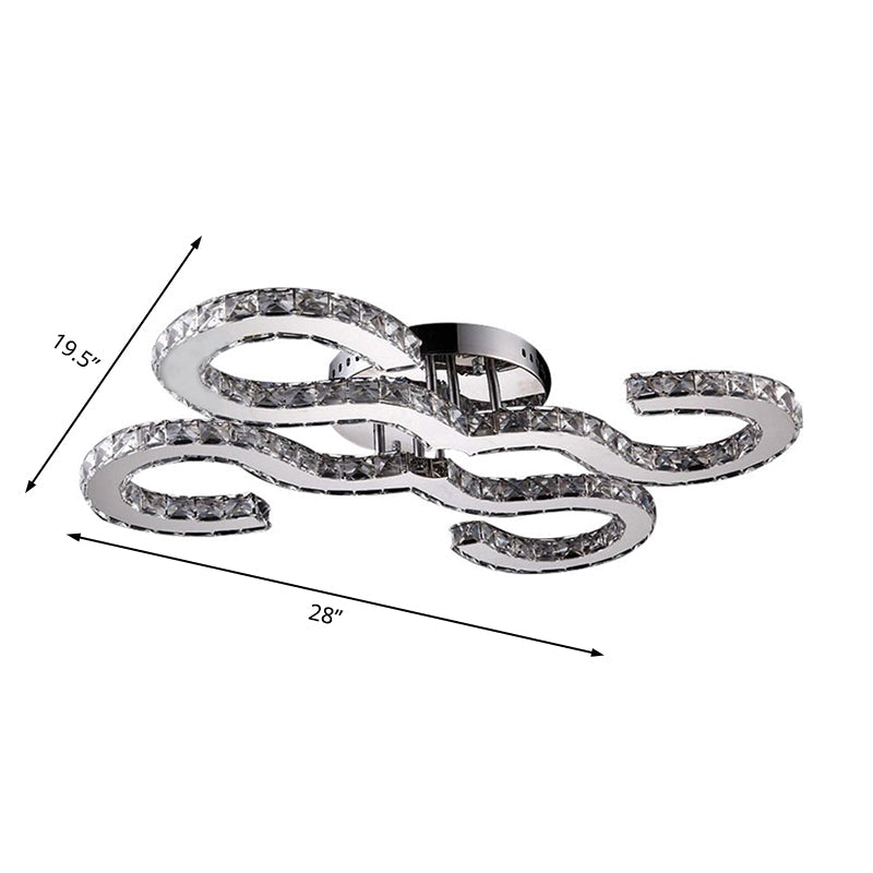 Modern Curved Ceiling Crystal And Metal Sconce Light In Chrome For Bedroom - Warm/White/3 Color