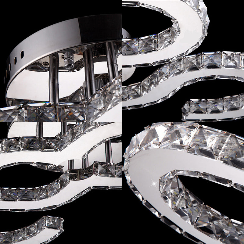 Modern Curved Ceiling Crystal And Metal Sconce Light In Chrome For Bedroom - Warm/White/3 Color