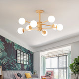 Contemporary Wooden Starburst Chandelier With White Glass Ball Shades - 6/8/12 Lights 8 / Wood