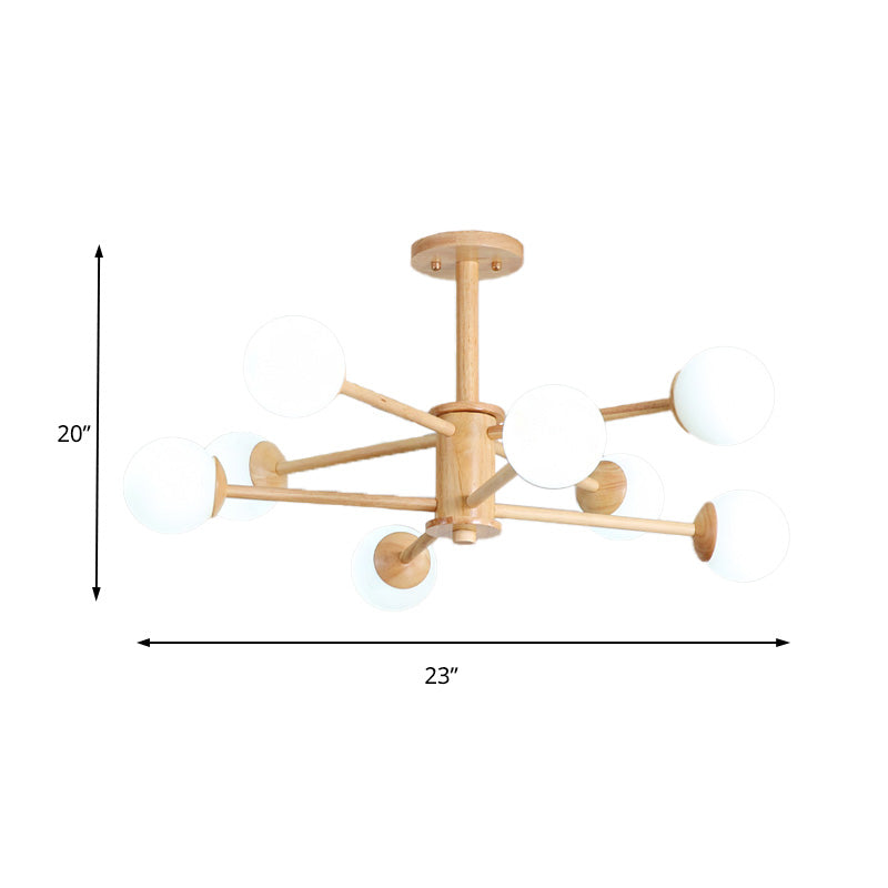 Contemporary Wooden Starburst Chandelier With White Glass Ball Shades - 6/8/12 Lights
