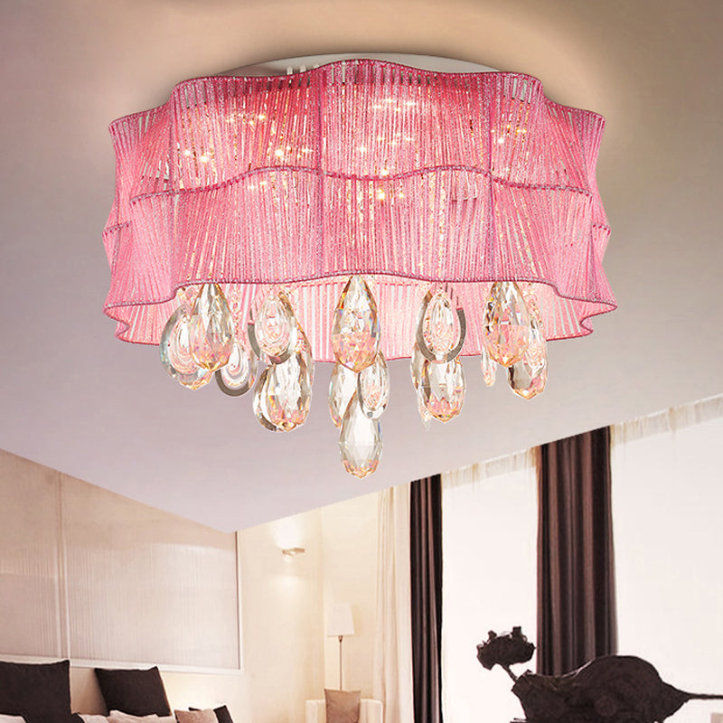 Blue/Pink Flower Flush Ceiling Lamp - Led Contemporary Fabric With Crystal Accents Bedroom Lighting