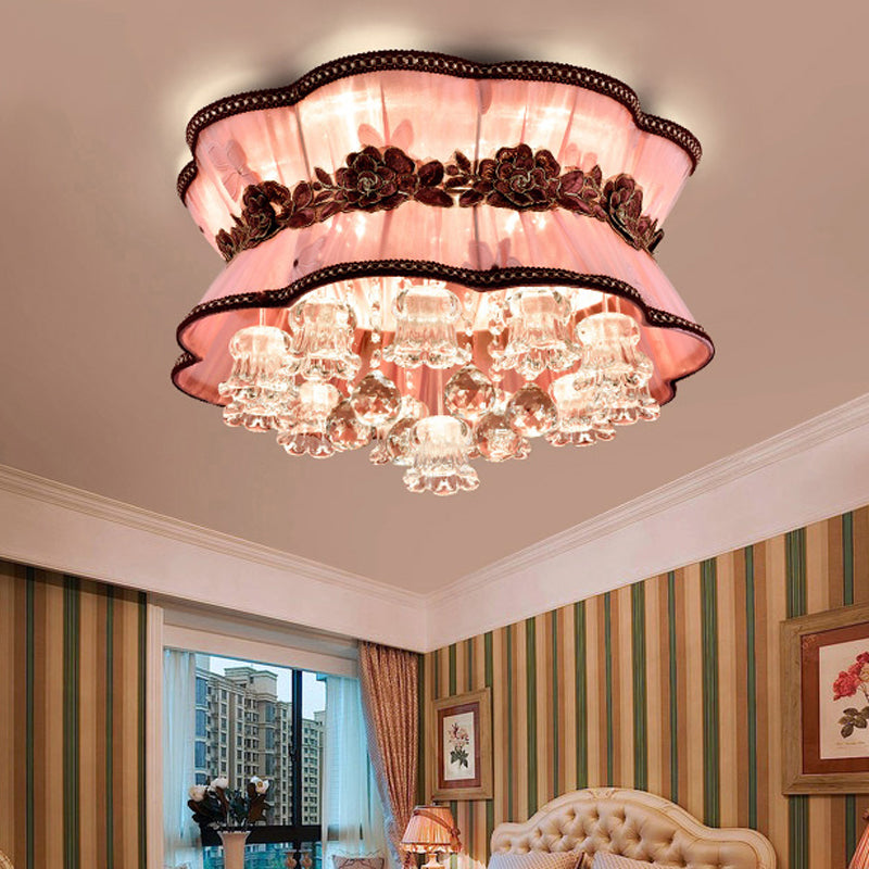 Modern Pink Flower Led Ceiling Mount Light With Crystal Deco Flush For Hotel