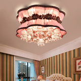 Modern Pink Flower Led Ceiling Mount Light With Crystal Deco Flush For Hotel