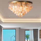 Modern Shell Tiered Flush Mount Light With Crystal Bead - Brass Finish | 6/9 Lights 16/19.5 W