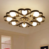 Modern Black Semi Flush Mount Ceiling Lamp With Heart Shade Crystal Ball - 3/6 Heads