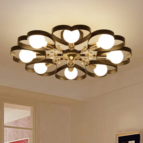 Modern Black Semi Flush Mount Ceiling Lamp With Heart Shade Crystal Ball - 3/6 Heads